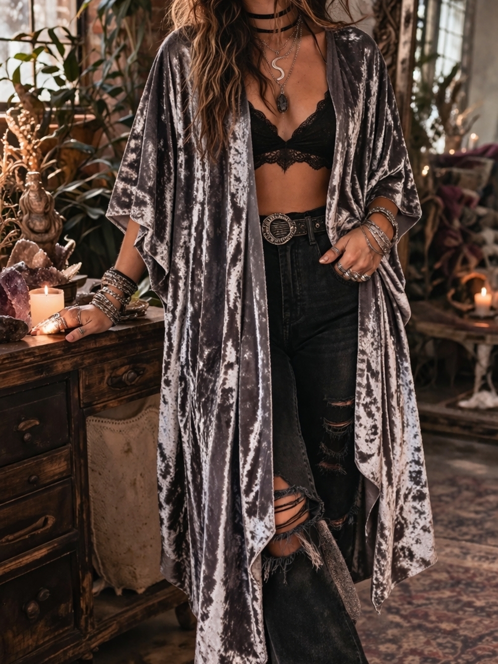NWT Velvet Kimono Robe - Silver Gray Women's Loungewear
